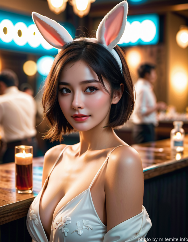 ウサギ耳の女性がバーでグラスを眺める