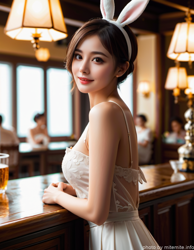 ウサギ耳をつけた女性がバーカウンターにいる