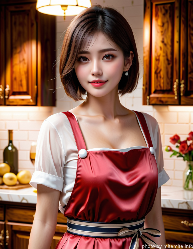 赤いエプロン姿の女性、キッチンの背景