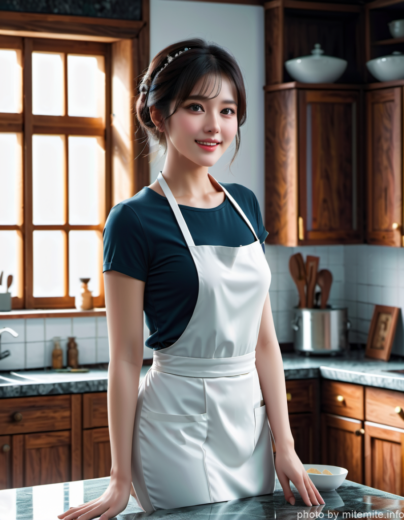 白いエプロン姿の女性がキッチンに立つ