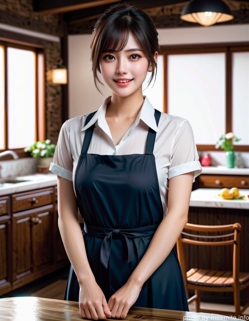 エプロン姿の女性がキッチンに立っている。