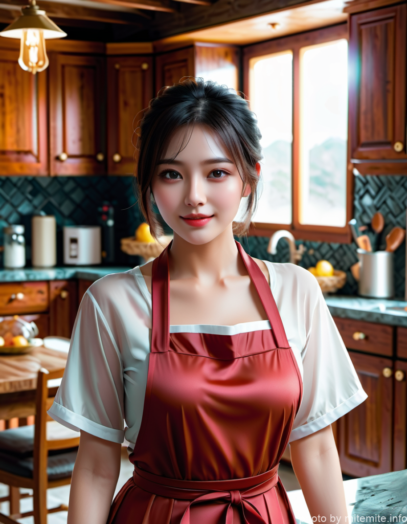 エプロン姿でキッチンに立つ女性