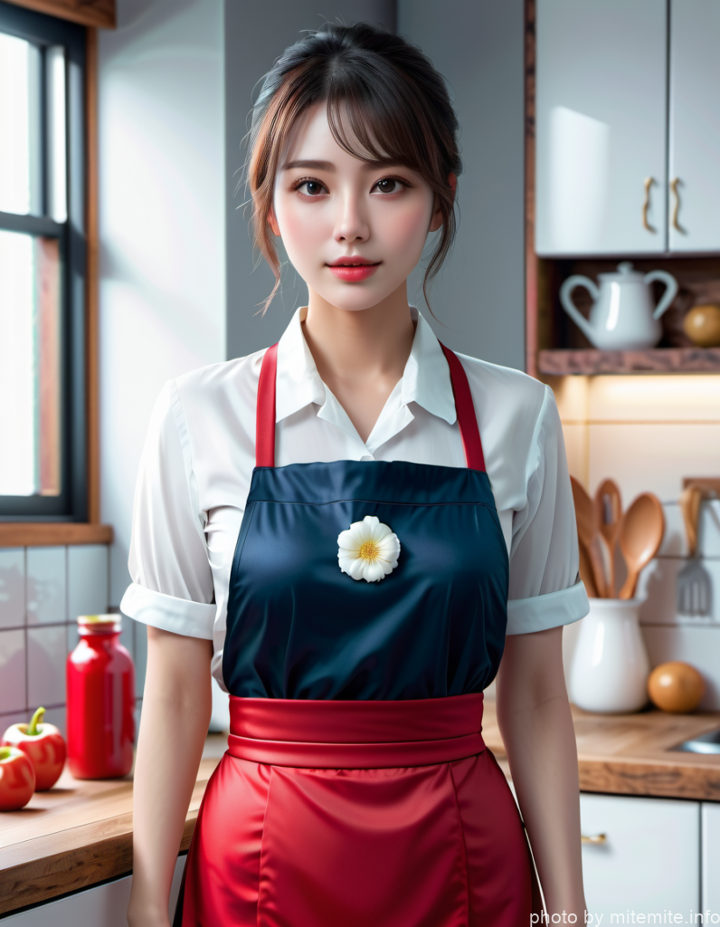 エプロン姿の女性、キッチンに立つ