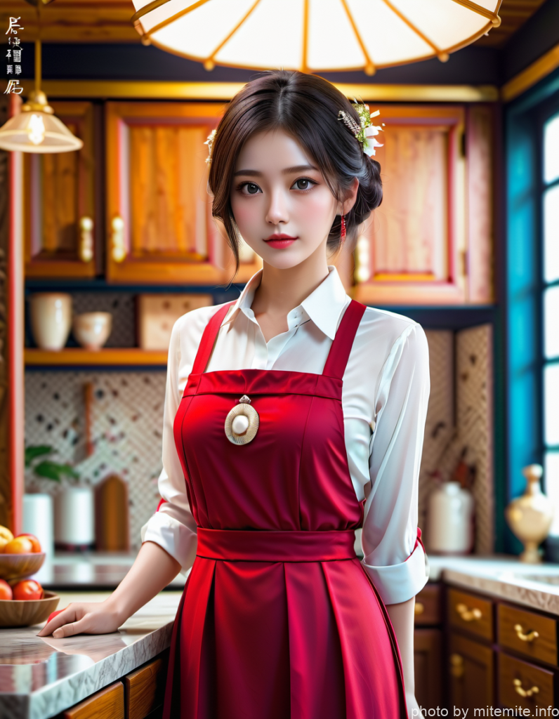 赤いエプロン姿の女性