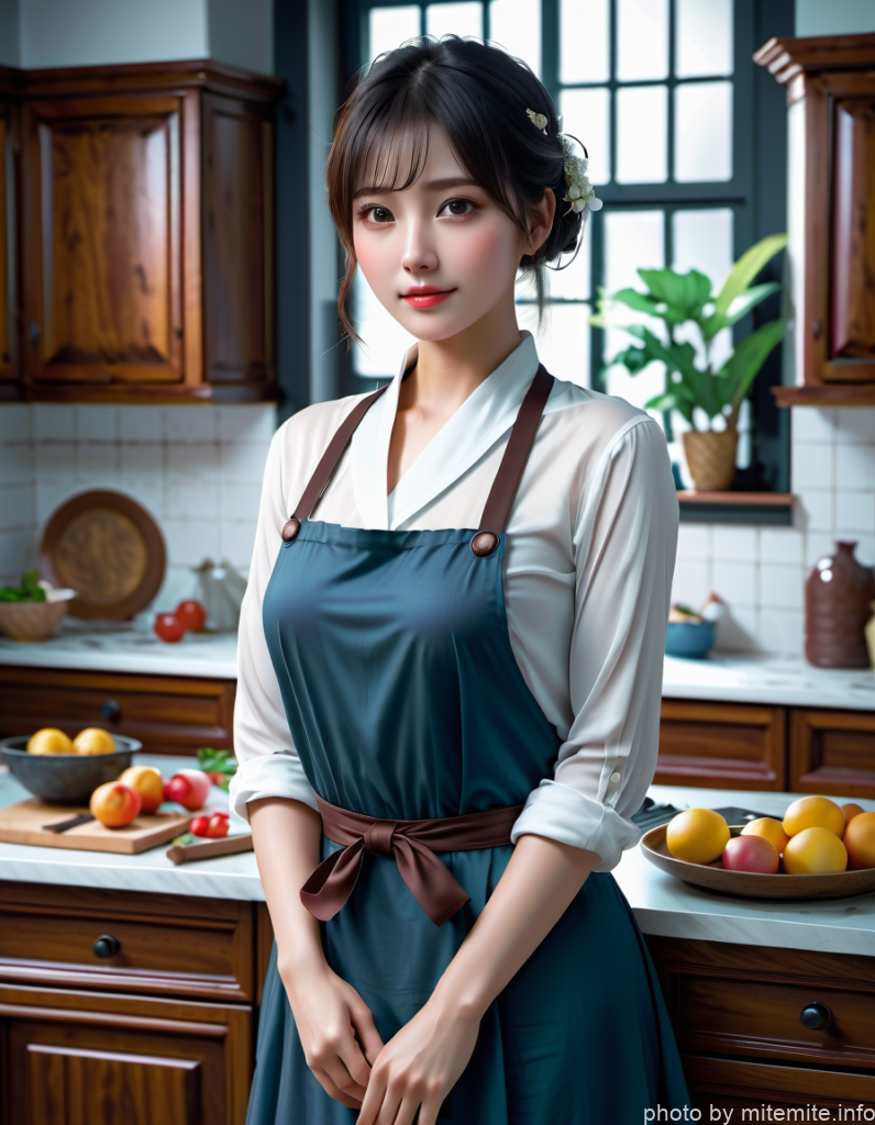 キッチンに立つ、エプロン姿の女性