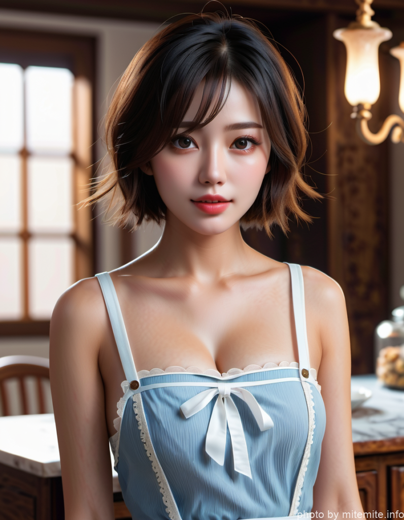 女性が水色のエプロンを着用