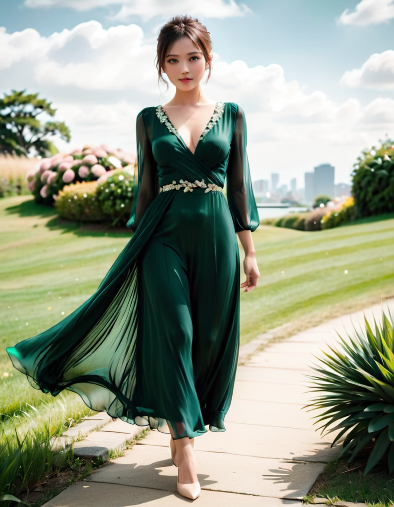 自然と調和、緑色のドレスを着た美女との出会い