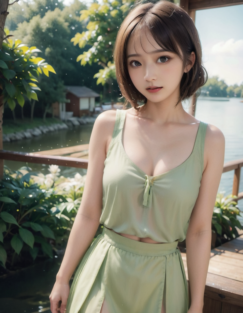 湖畔の魅力、緑色の服を着た美女との出会い