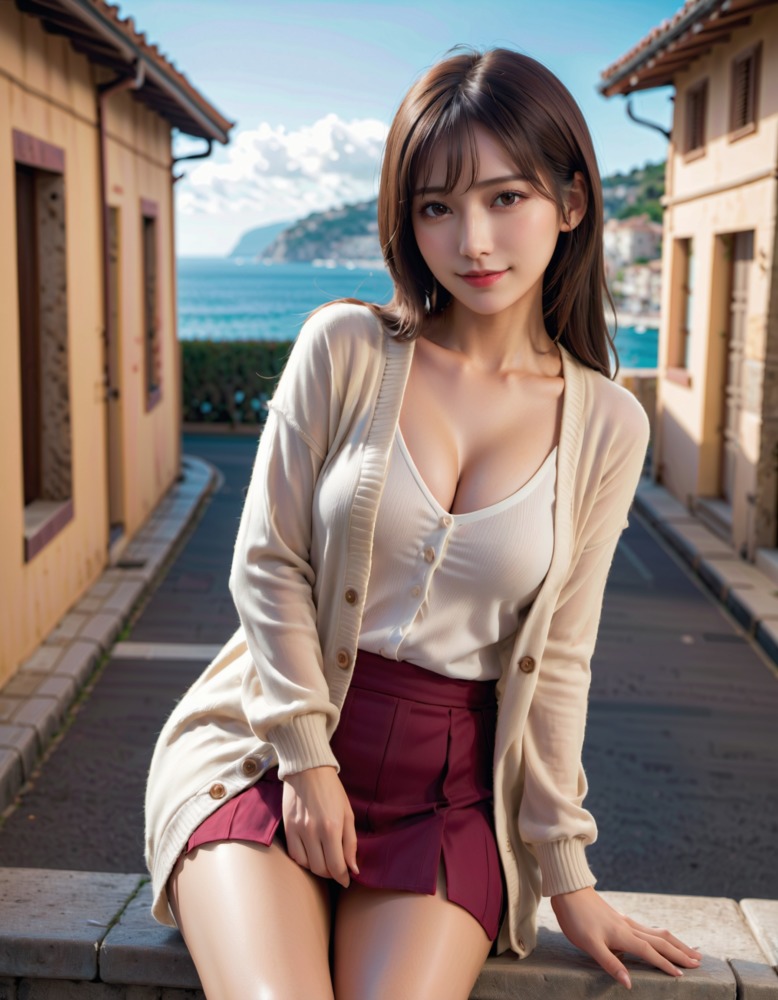 カーディガンとミニスカートの女性