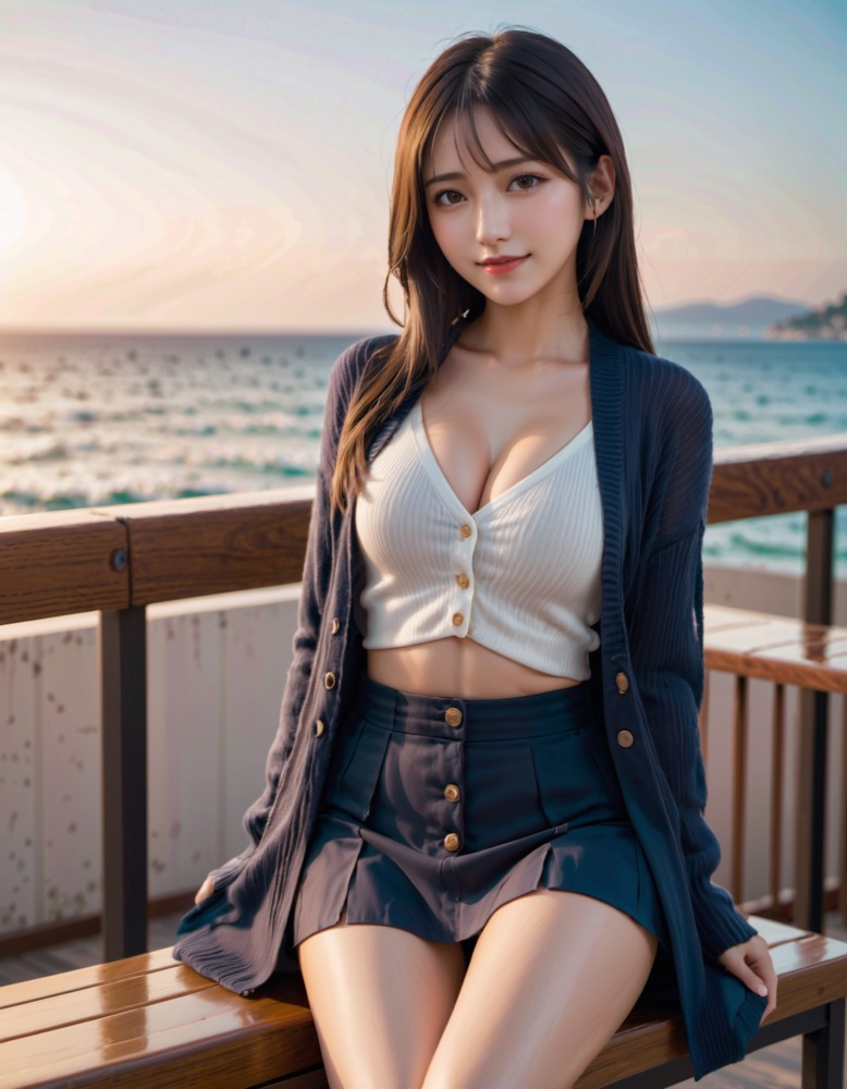 海辺のベンチに座る女性