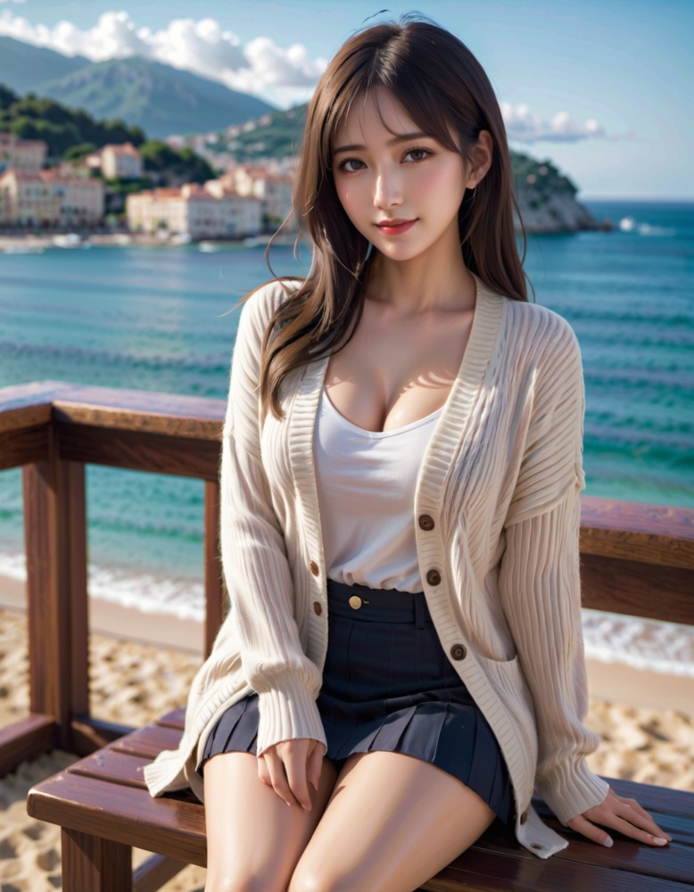 海辺に座る女性、カーディガンとミニスカート
