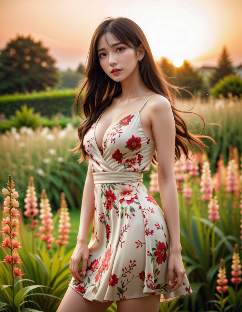 夕暮れの花畑で咲く優雅な美女たち