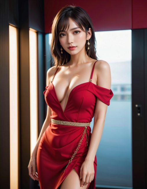 夜の輝き、セクシーな赤いドレスの美女が魅せる