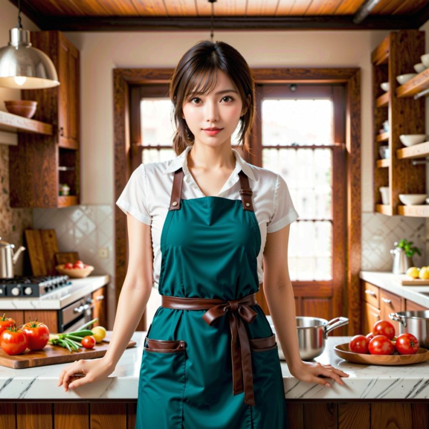 キッチンの魔法、温かなエプロン姿の日本の主婦