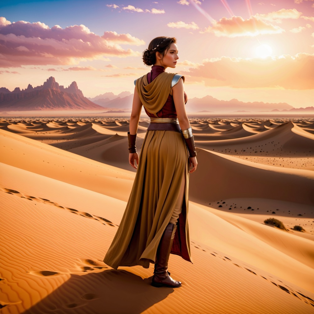 宇宙の美と勇気、砂漠の星で輝くジェダイの騎士美女