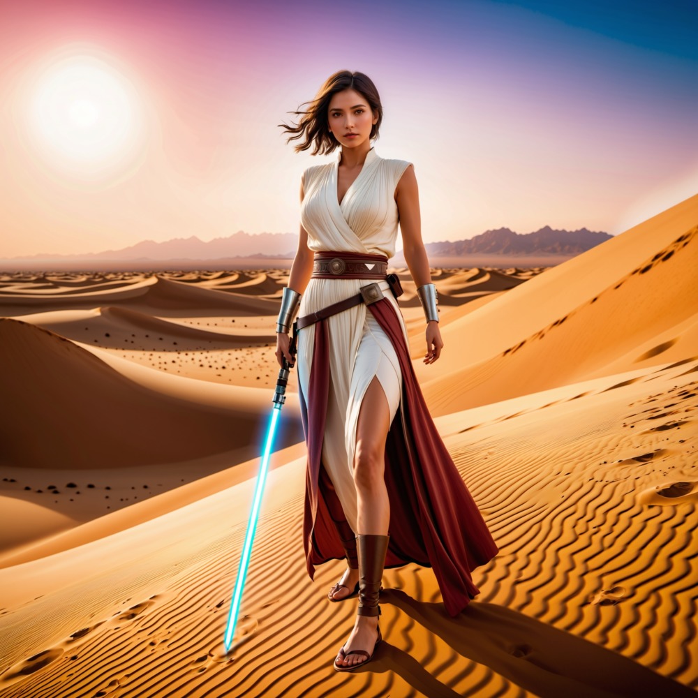 宇宙の美と勇気、砂漠の星で輝くジェダイの騎士美女