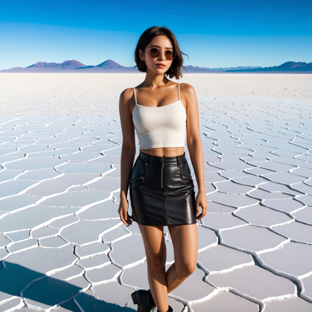 白い世界の美 - ショートカット美女が歩むウユニ塩湖の冒険