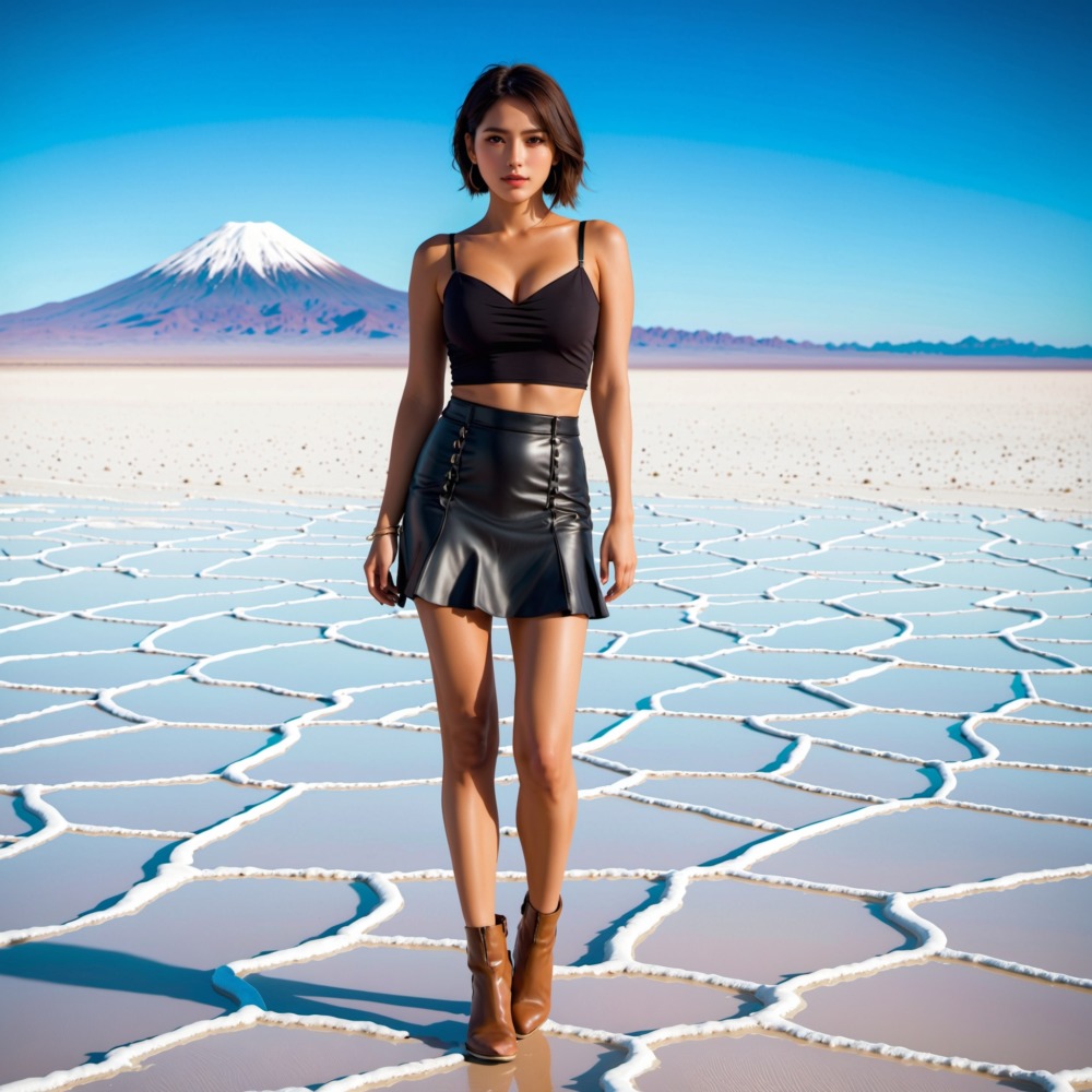 白い世界の美 - ショートカット美女が歩むウユニ塩湖の冒険