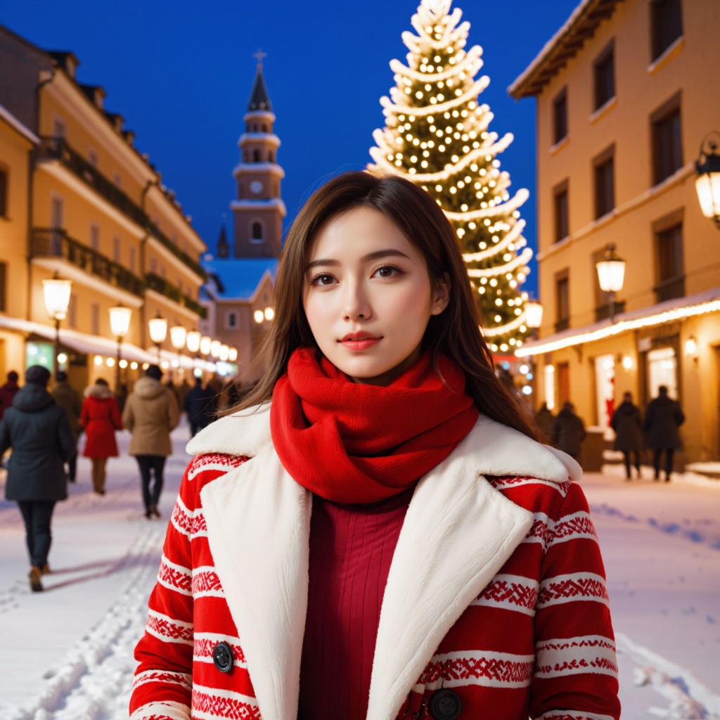 冬の夜、ヨーロッパの美女がクリスマスツリーに魅了される