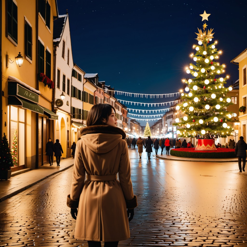 クリスマスツリーと美女：SDXLの魔法が織りなす冬の幻想