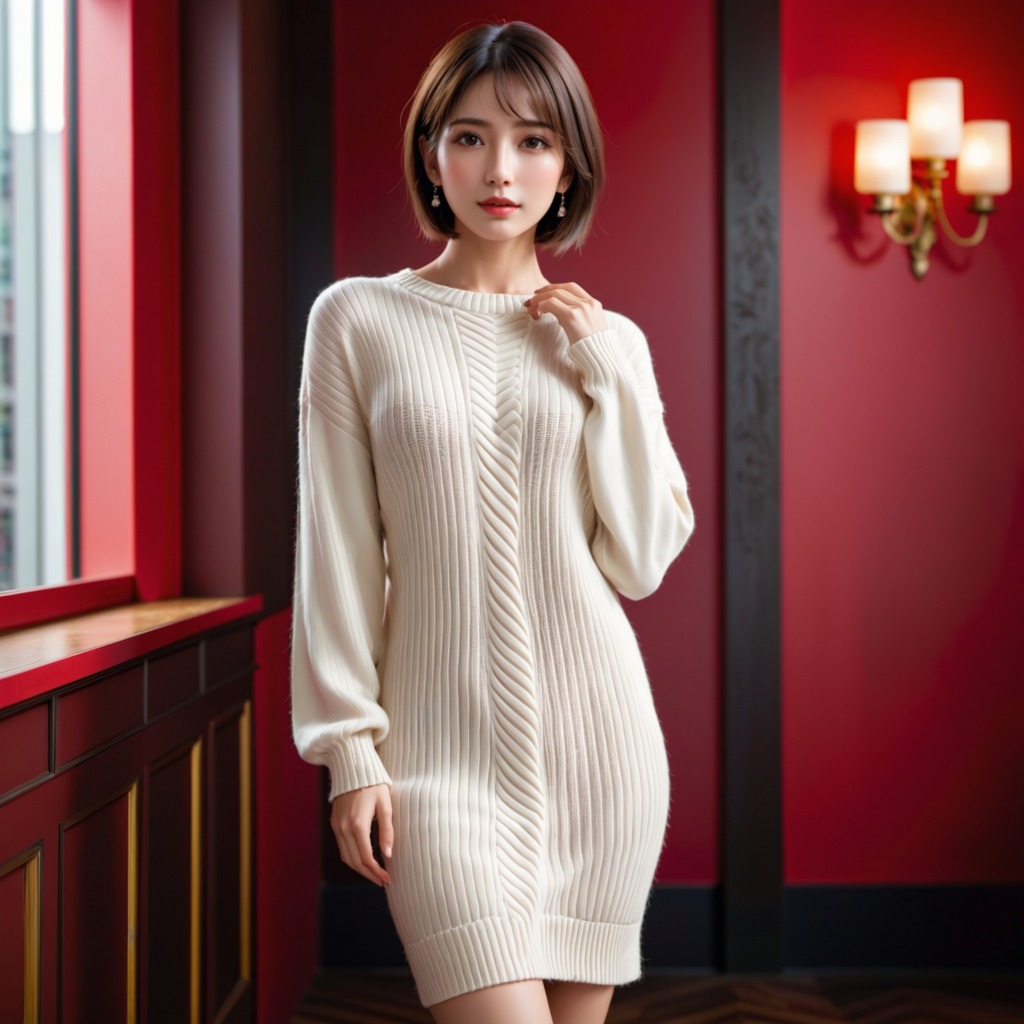冬の優雅さ：SDXLが描くセータードレス美女の調べ