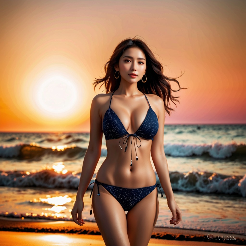 夕陽の誘い―Stable Diffusion XL（SDXL）が描く、夕暮れのビーチで輝く水着美女