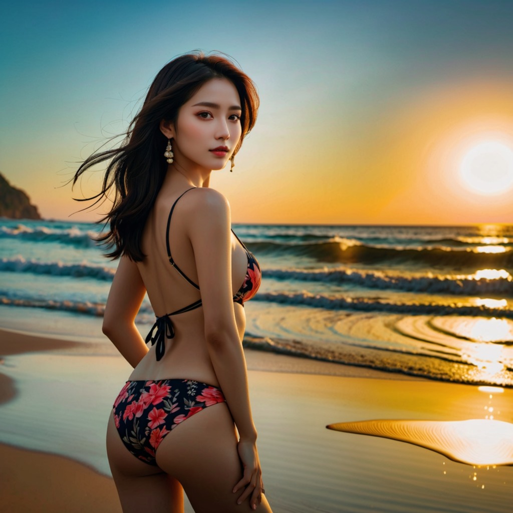 夕陽の誘い―Stable Diffusion XL（SDXL）が描く、夕暮れのビーチで輝く水着美女