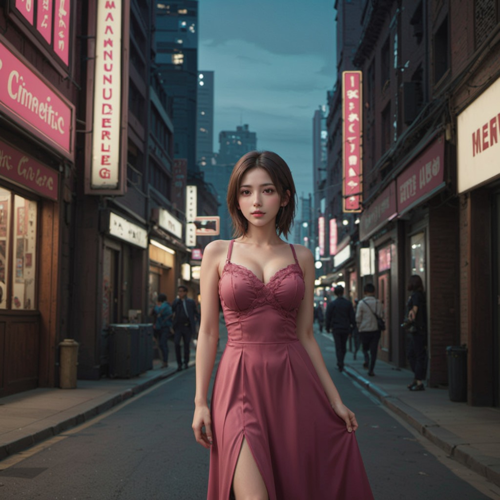 ネオン・グロウ―Stable Diffusion XL（SDXL）が描く、深夜の繁華街で輝く美女たちのドレス姿