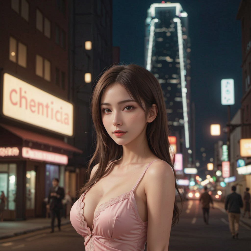ネオン・グロウ―Stable Diffusion XL（SDXL）が描く、深夜の繁華街で輝く美女たちのドレス姿