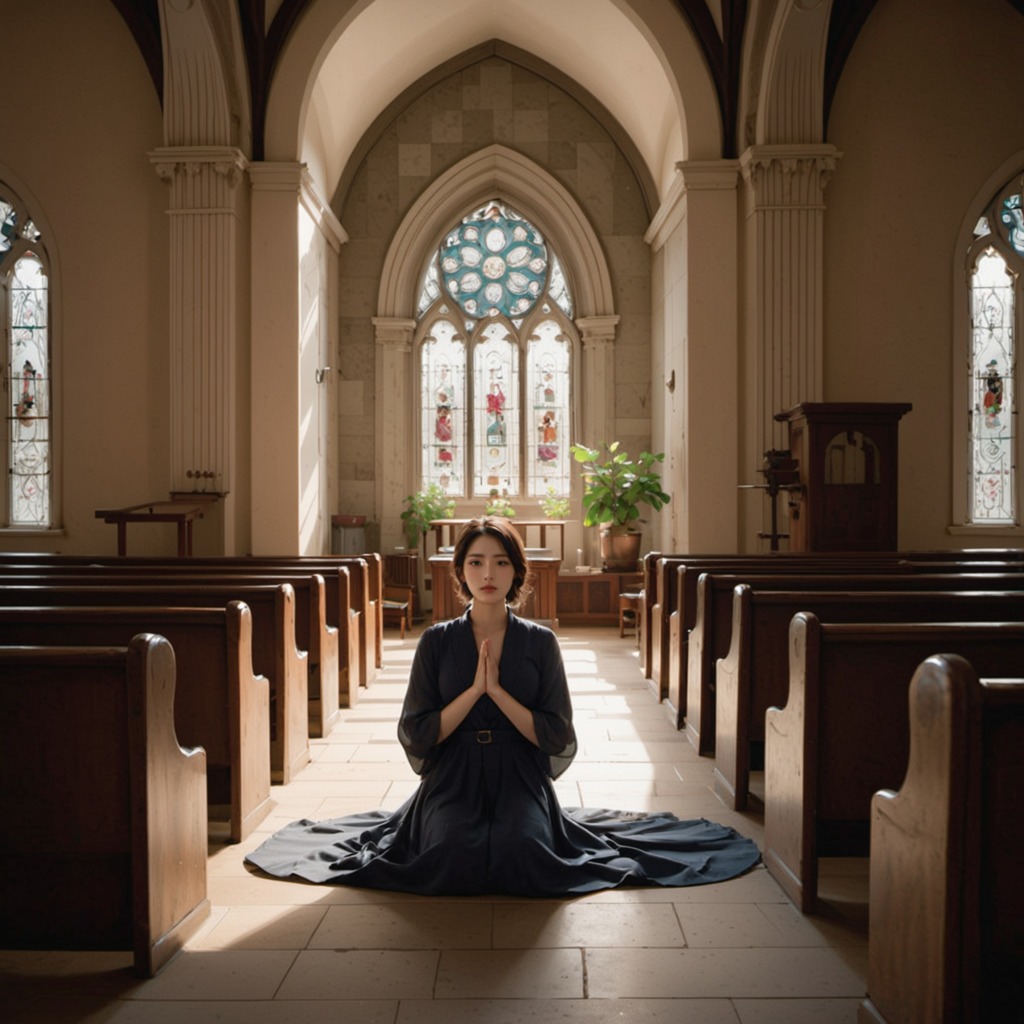 聖なる調べ―Stable Diffusion XL（SDXL）が描く、教会で祈りに包まれる美しい女性たち