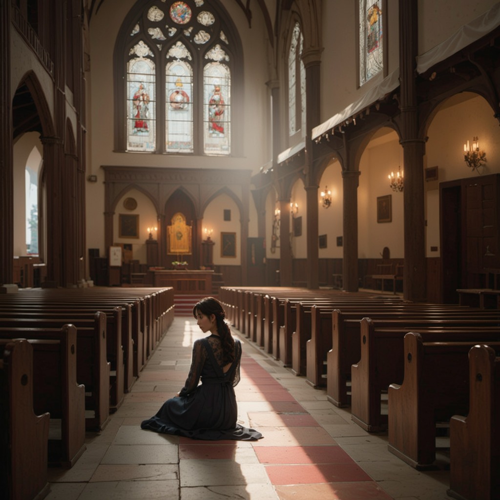聖なる調べ―Stable Diffusion XL（SDXL）が描く、教会で祈りに包まれる美しい女性たち