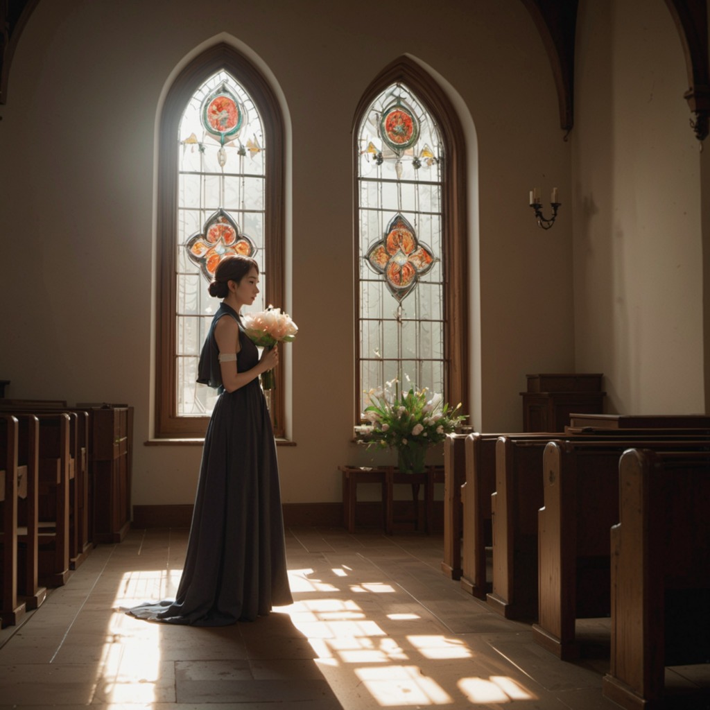 神聖なる光―Stable Diffusion XL（SDXL）が描く、教会で美女がステンドグラスから差し込む光に包まれながら祈る美しい瞬間