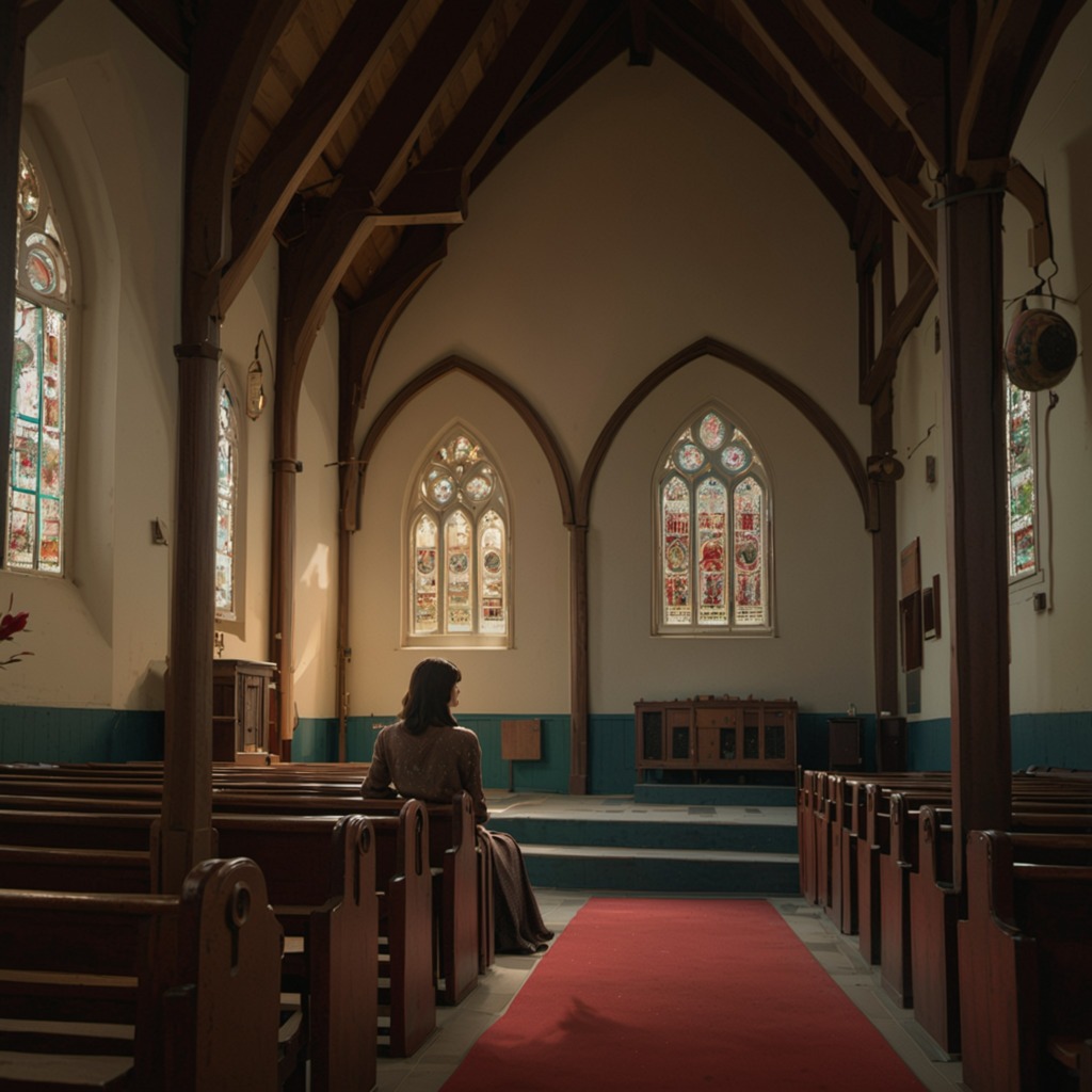 神聖なる光―Stable Diffusion XL（SDXL）が描く、教会で美女がステンドグラスから差し込む光に包まれながら祈る美しい瞬間
