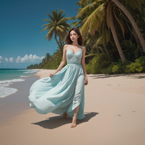 南国の輝き―Stable Diffusion XL（SDXL）が描く、青空とビーチ、ヤシの木に包まれる美女たち