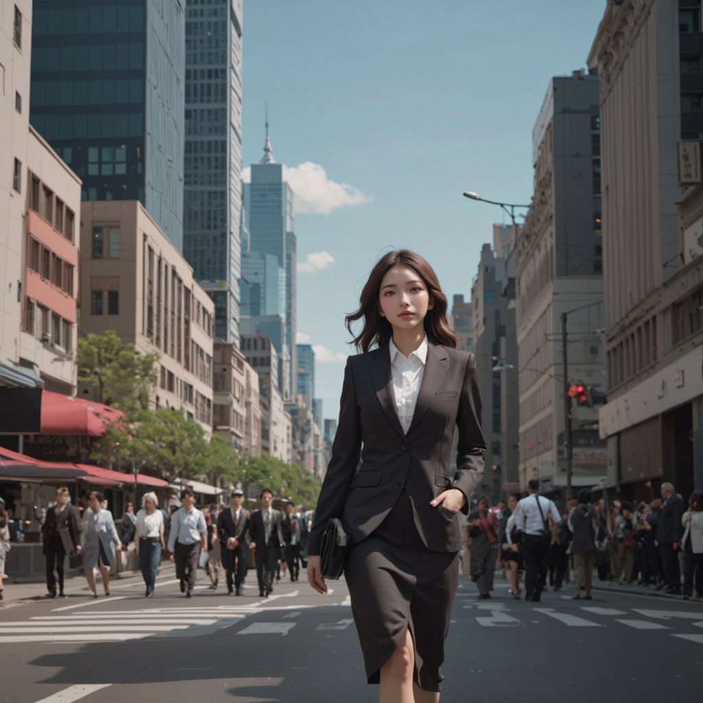 都会の響き―Stable Diffusion XL（SDXL）が描く、ビジネス街で輝く美人OLたちの通勤姿