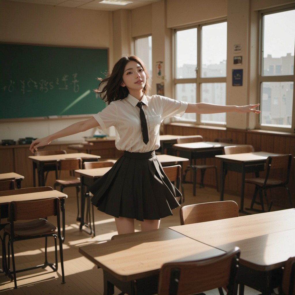 リズムの魔法―Stable Diffusion XL（SDXL）が描く、高校教室で踊り続ける魅力的な女子たち