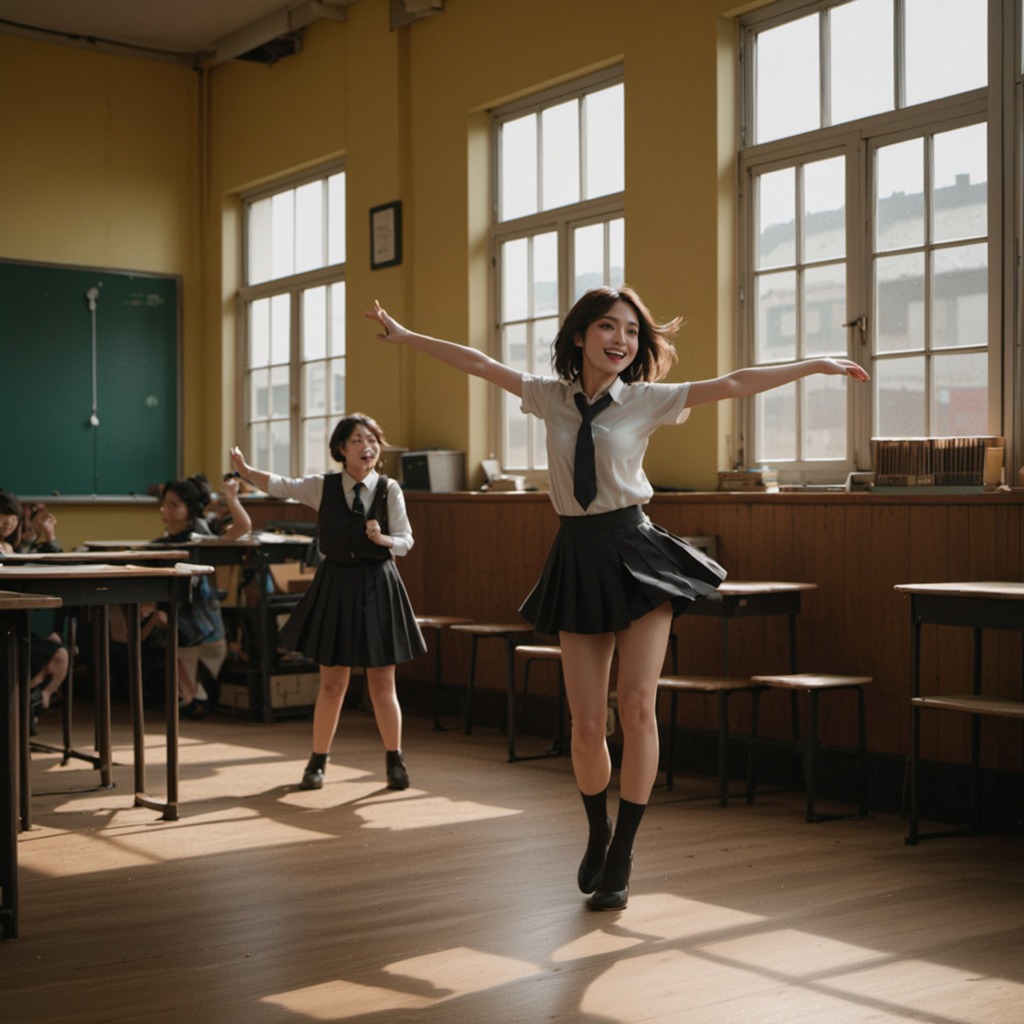 リズムの魔法―Stable Diffusion XL（SDXL）が描く、高校教室で踊り続ける魅力的な女子たち