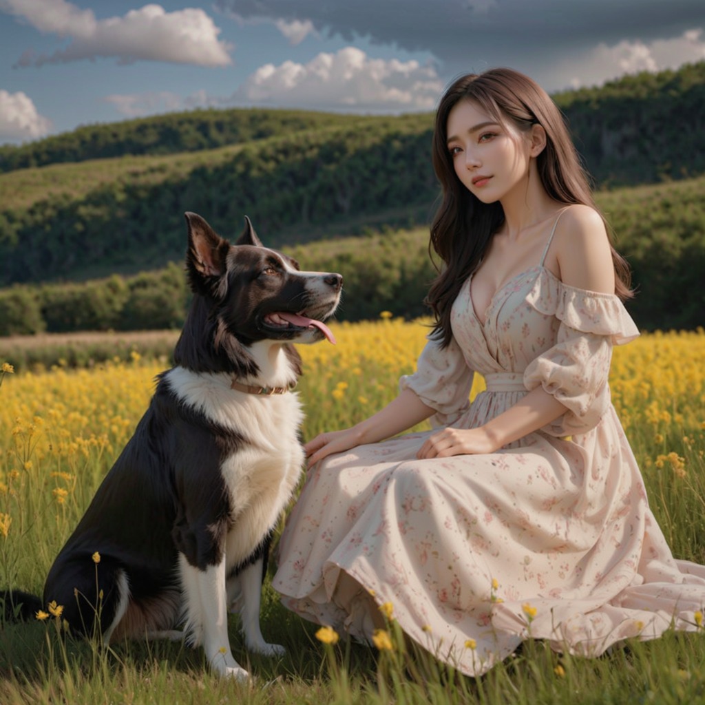 高原の黄昏―Stable Diffusion XL（SDXL）が描く、夕日に包まれる美しい女性と忠実な犬の穏やかなひととき