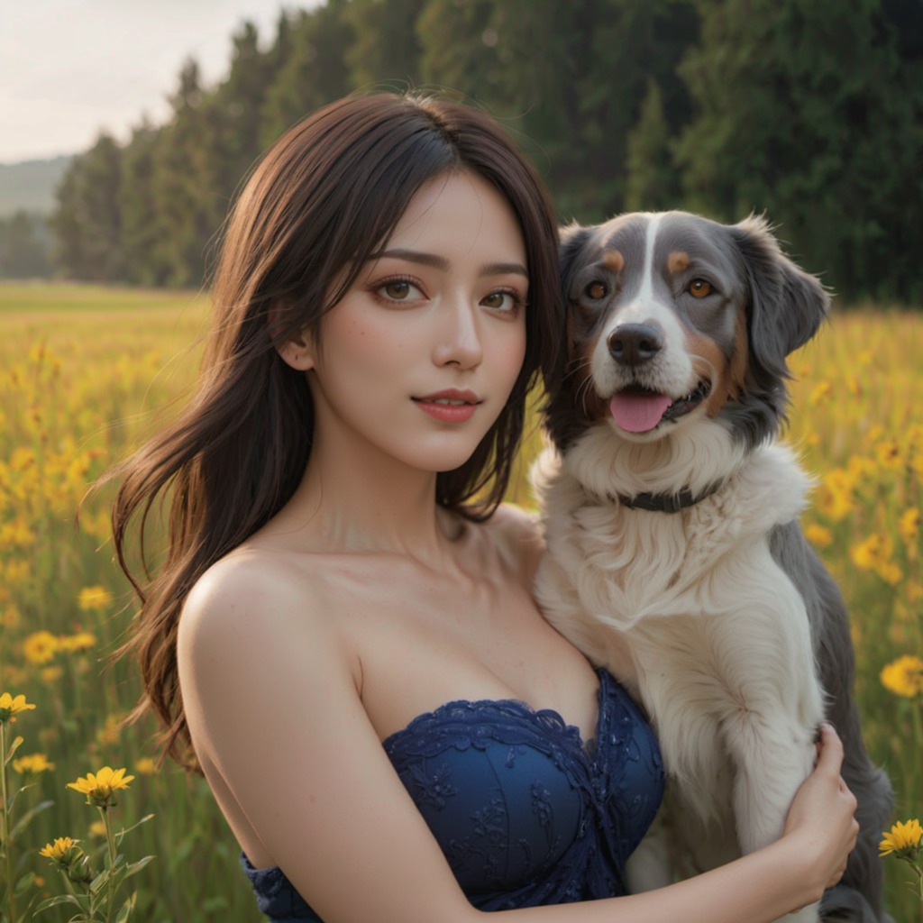 高原の黄昏―Stable Diffusion XL（SDXL）が描く、夕日に包まれる美しい女性と忠実な犬の穏やかなひととき