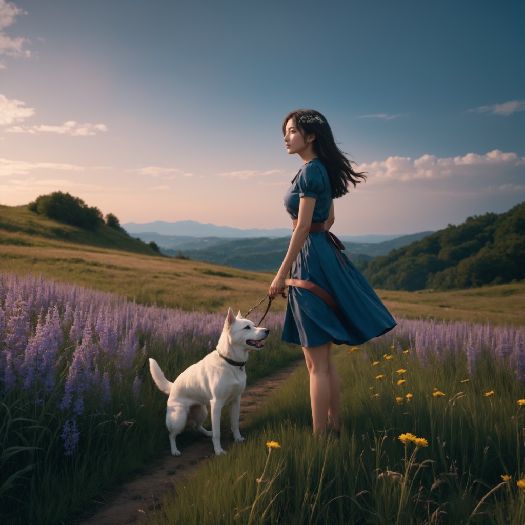 夕陽の調べ―Stable Diffusion XL（SDXL）が描く、高原で夕日を愛でる美しい女性と犬のほのぼのひととき