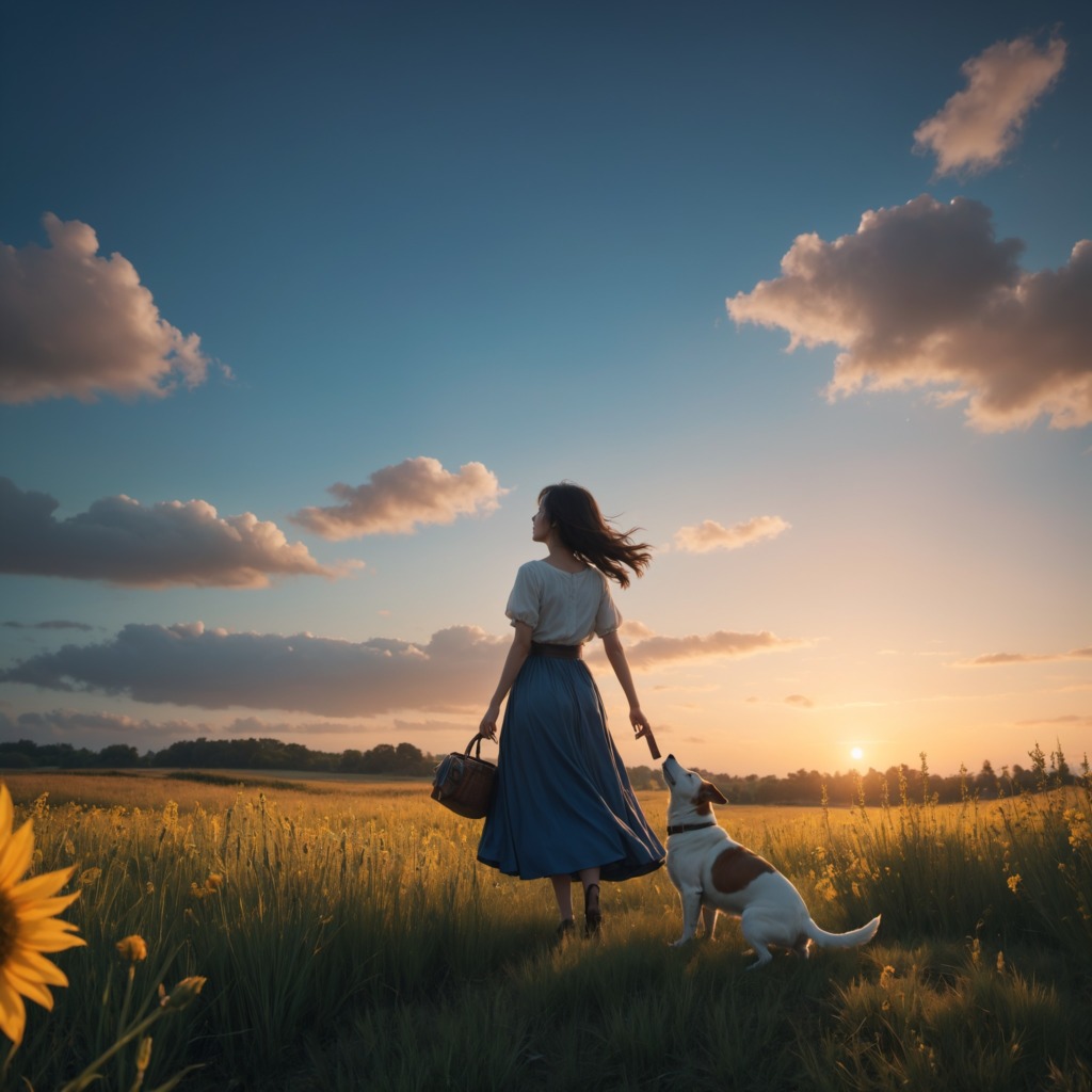 夕陽の調べ―Stable Diffusion XL（SDXL）が描く、高原で夕日を愛でる美しい女性と犬のほのぼのひととき