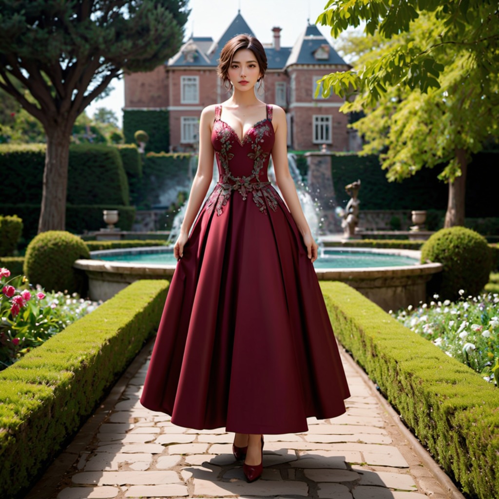 エレガントな庭園の優美―Stable Diffusion XL（SDXL）が描く、ヨーロッパの庭園で輝く美しい女性