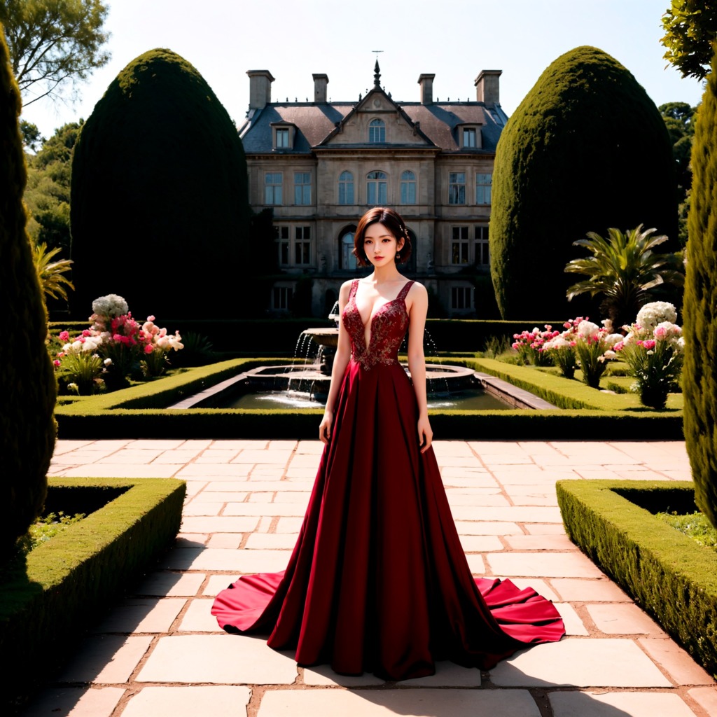 エレガントな庭園の優美―Stable Diffusion XL（SDXL）が描く、ヨーロッパの庭園で輝く美しい女性
