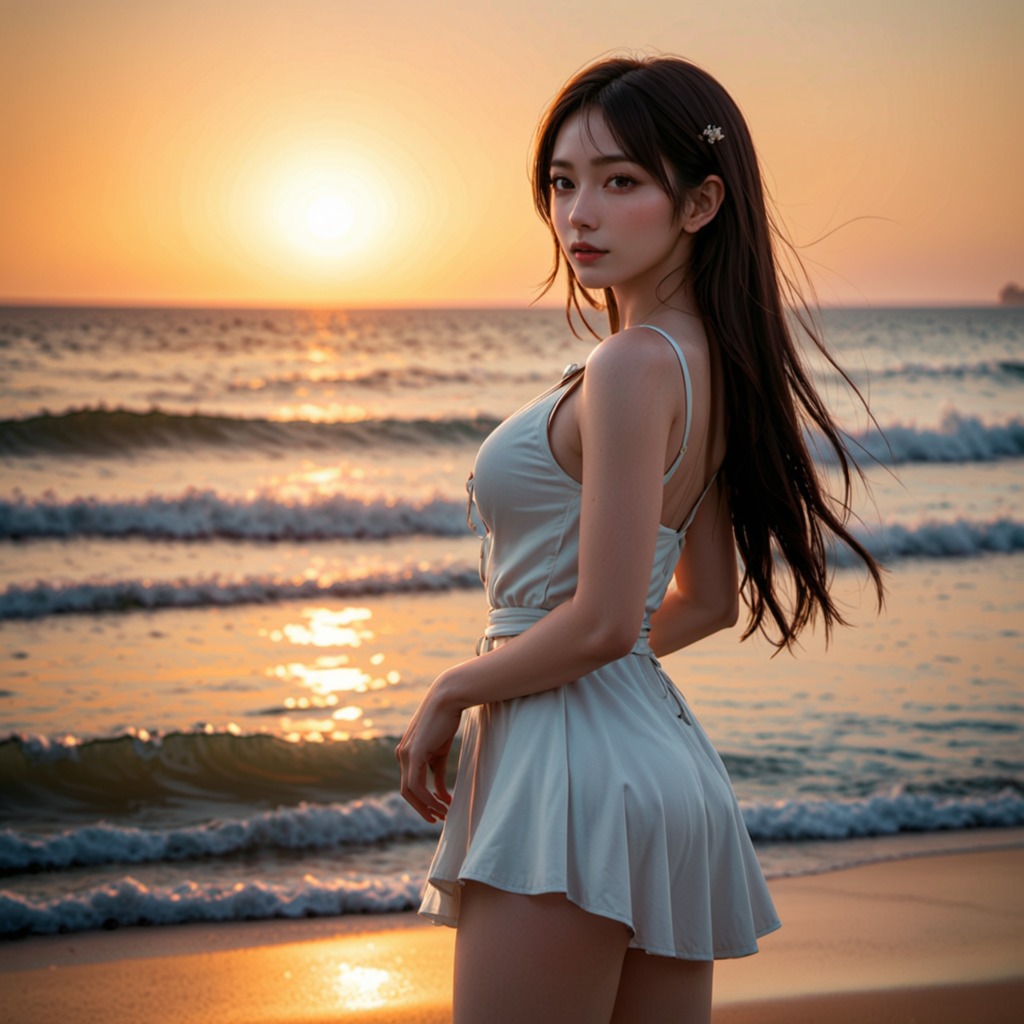 夕陽に輝く砂浜―Stable Diffusion XL（SDXL）が描く、ビーチで夕日と共に輝く美しい水着美女