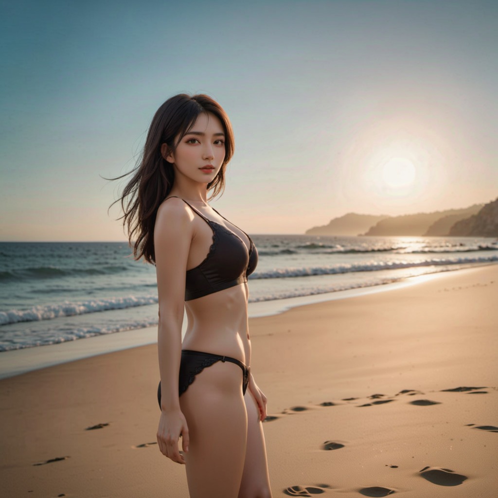 ビーチで輝く彼女―Stable Diffusion XL（SDXL）が描く、夏の陽光に包まれた美しい水着美女