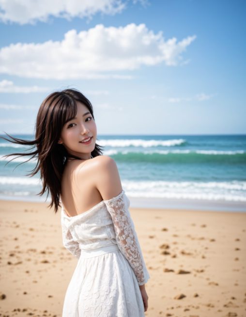 夏の風に吹かれ、白いドレスを纏った女性が浜辺に立つ