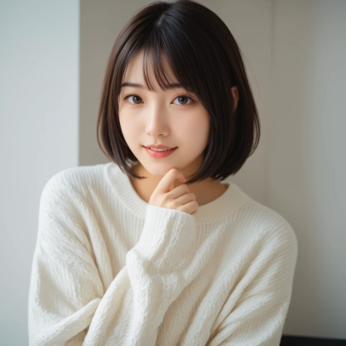 721 【AI美女】透明感爆発！白ニット×ショートヘアが最強すぎた件