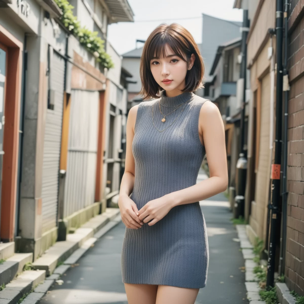 724 【AI美女】休日の路地裏デート。ニットワンピの彼女に恋する