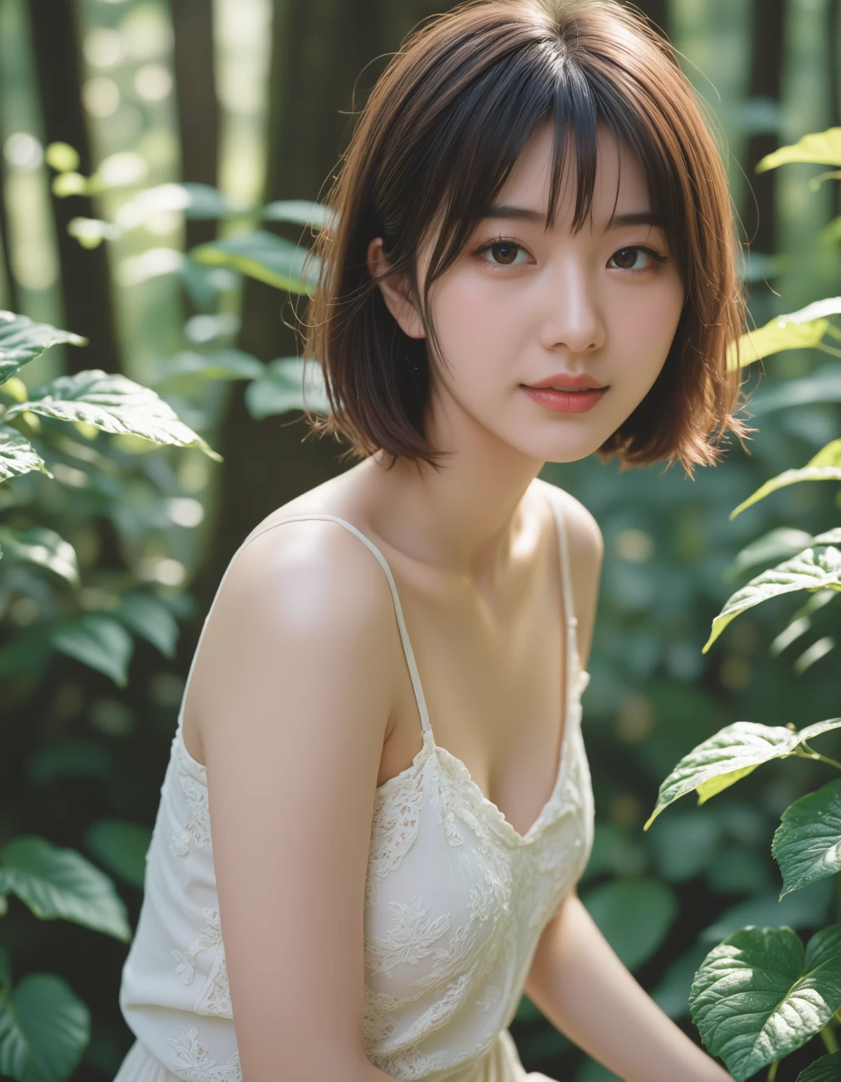 744 木漏れ日と白肌の楽園。森で微笑むショートボブのAI美女