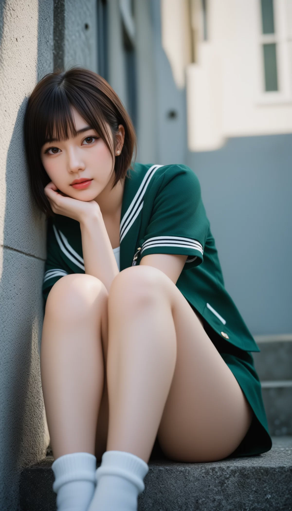 748 【沼確定】深緑セーラー×ショートボブのAI美女が透明感ヤバすぎ！